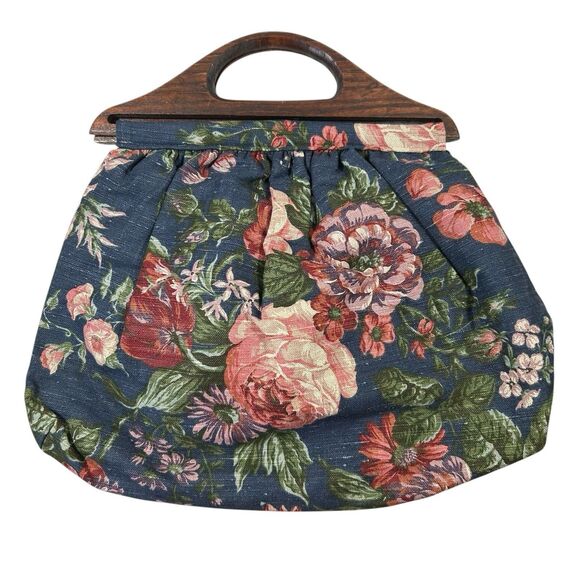 Vintage Carpetbags Of America Blue Multicolor Floral Bag With Wooden Handles - Picture 2 of 16